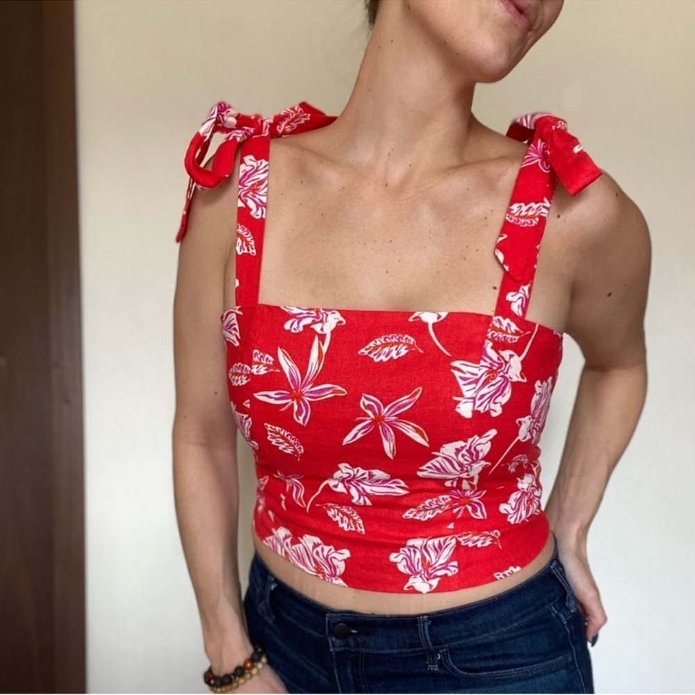 NWT Joie Red Tropical Floral Linen Blend Crop Top Size 6